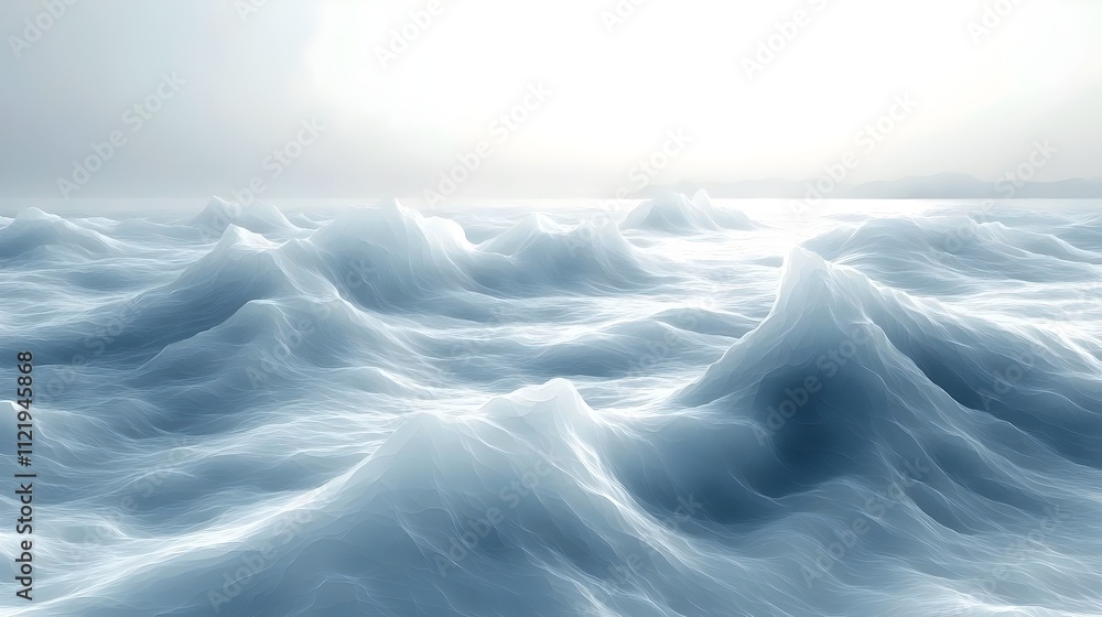 Poster a serene and ethereal ocean scene with softly undulating waves reflecting a pale light, creating a t