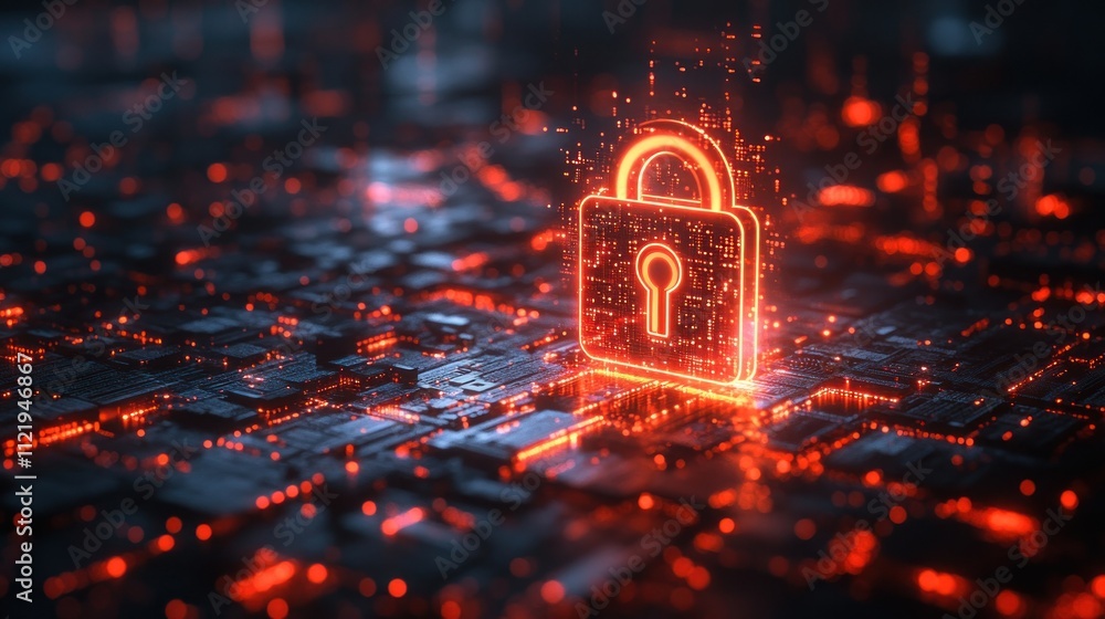 Poster digital lock symbolizing cybersecurity in a tech landscape