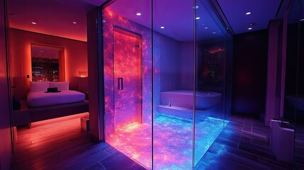 A glass elevator with unique illumination, adding a touch of modern sophistication