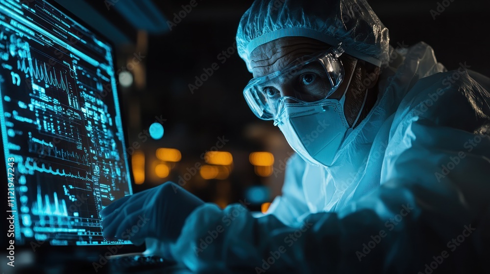 Poster scientist analyzing data on a computer in protective gear