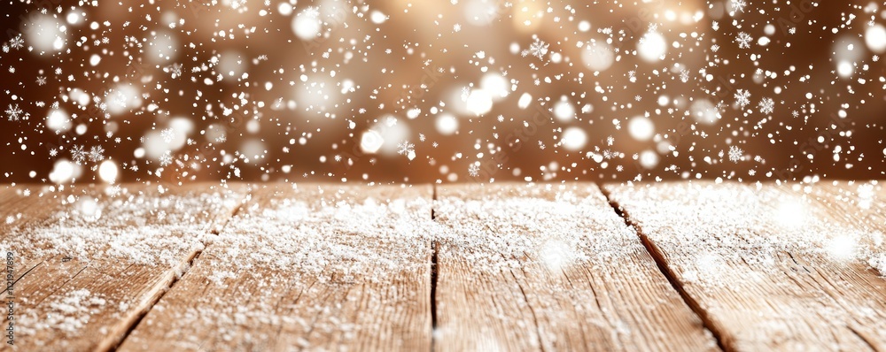Poster a serene winter scene featuring softly falling snowflakes over a rustic wooden surface, creating a c