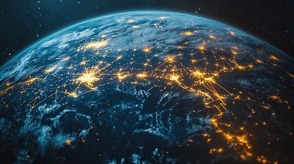 Obraz premium A glowing digital earth globe with data lines representing global connectivity, set against a dark background