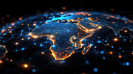 A glowing digital globe with African continent highlighted, surrounded by data streams and global network symbols