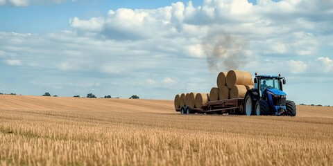 Obraz premium A wide shot of a rustic blue tractor pulling a trailer stacked with round hay bales