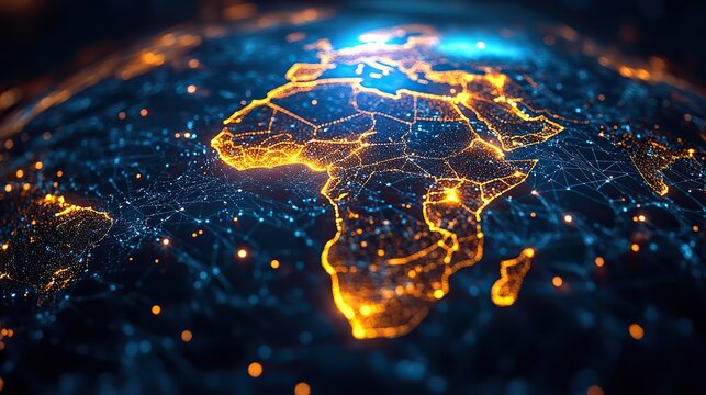 A glowing digital globe with African continent highlighted, surrounded by data streams and global network symbols