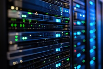 Obraz premium Rack-mounted data servers with glowing LED indicators in a modern data center displaying advanced technology and connectivity for information processing