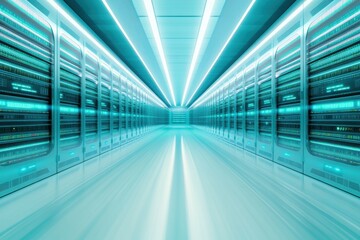 Obraz premium Futuristic Data Center with Neon Lights and Server Racks in a High-Tech Environment