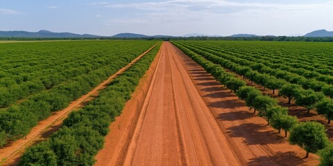 Naklejka premium An aerial view of a meticulously organized mango orchard