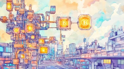 Fototapeta premium Futuristic cityscape with vibrant colors and intricate architecture in a digital world.