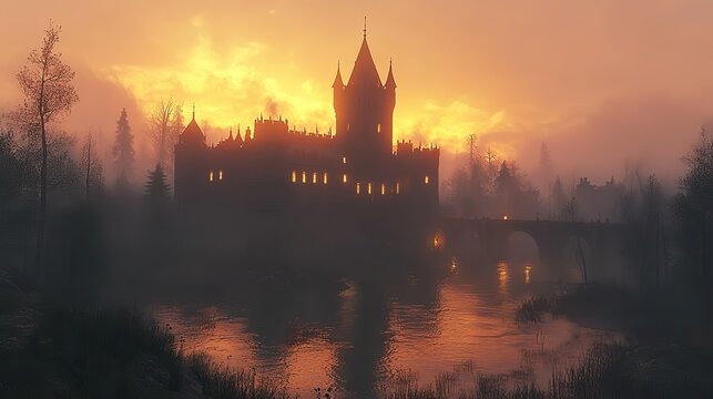 A gothic fantasy castle at night with eerie towers and turrets, illuminated by candlelight in a foggy landscape