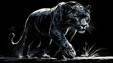 Black and white vector t-shirt design, sleek stealthy panther with a stealthy stride, character from a jungle adventure, isolated on black background.