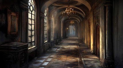 Fototapeta premium Abandoned hallway with echoes of emptiness, abandoned, hallway, echoes, emptiness, forgotten, promises, whispers, silence. Echoes. Illustration