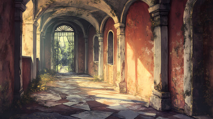 Fototapeta premium Abandoned hallway with echoes of emptiness, abandoned, hallway, echoes, emptiness, forgotten, promises, whispers, silence. Echoes. Illustration