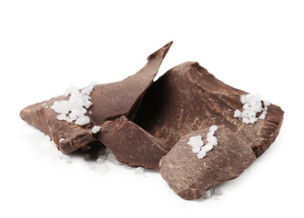 Pieces of chocolate with salt isolated on white