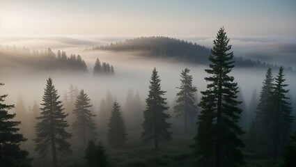 Obraz premium Sunbeams Piercing the Fog: A Magical Forest Landscape