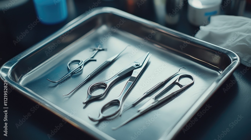 Poster a precision shot of dental scissors and suturing instruments on a clean tray.