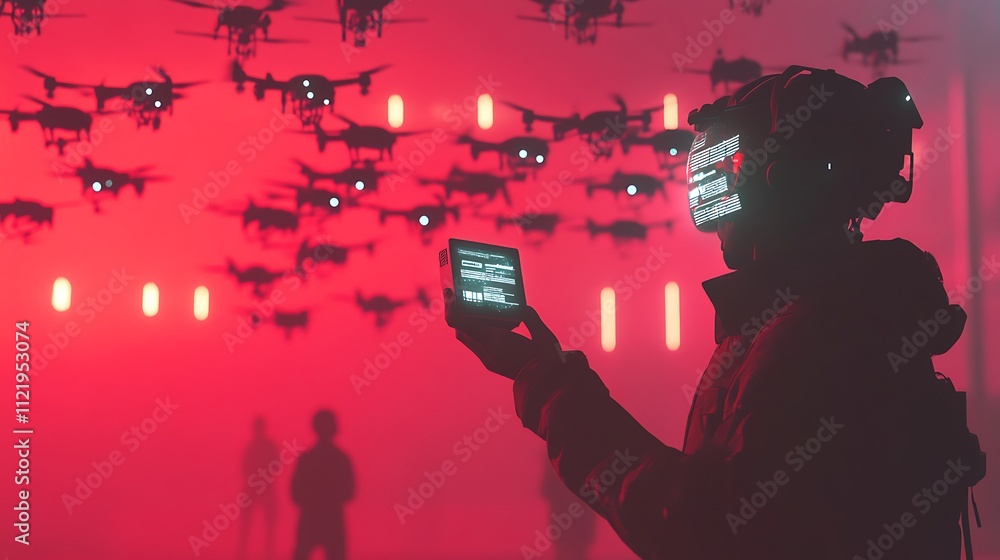 Poster a person using a holographic interface to control a swarm of drones