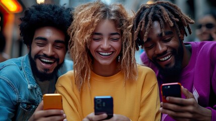 Fototapeta premium A group of friends laugh at a funny social media post on a smartphone, enjoying internet clips and texting, highlighting content creation and online sharing