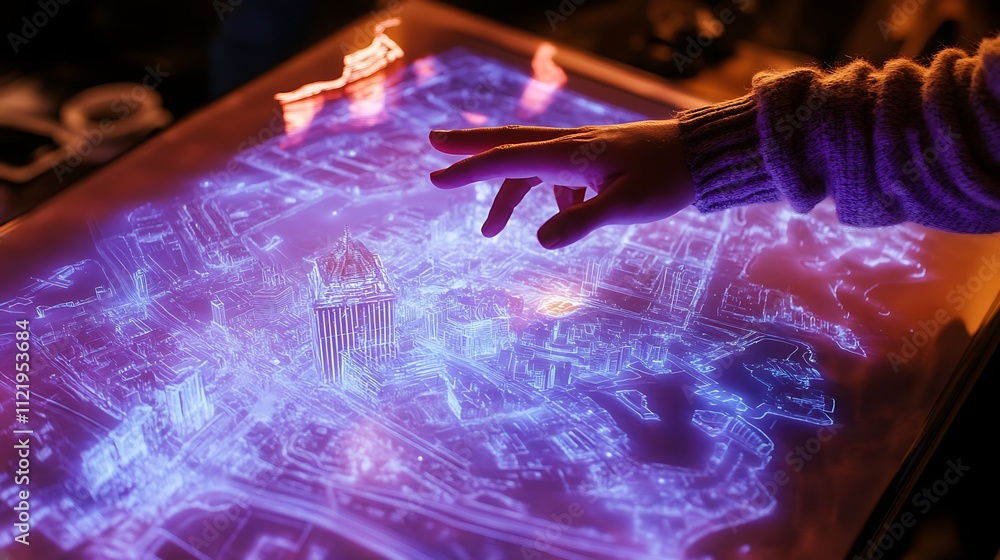Poster a person using hand gestures to interact with a holographic map of a city