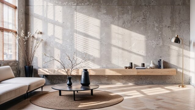 Generative AI, Modern living room featuring a concrete accent wall, a modular cream sofa, and minimalist decor with dynamic light and shadow patterns