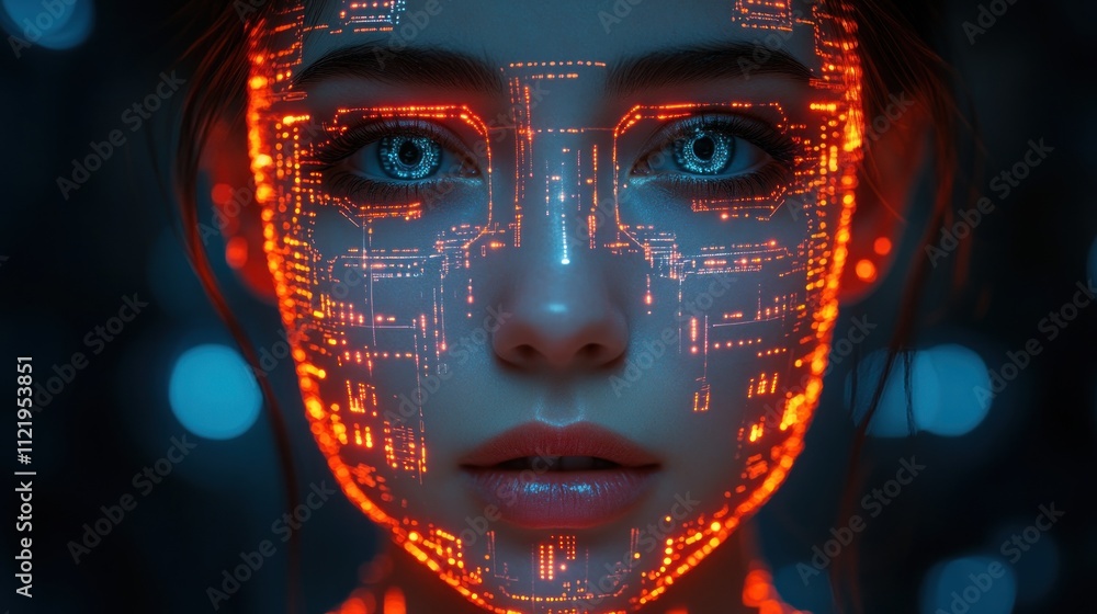 Aufkleber futuristic portrait with glowing circuit patterns on face