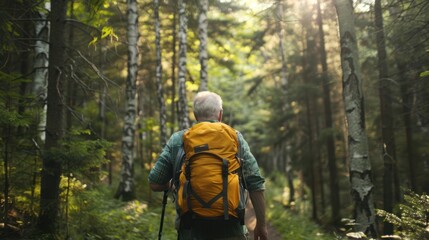Fototapeta premium A mature adult hiking through a forest, enjoying the natural beauty and fresh air