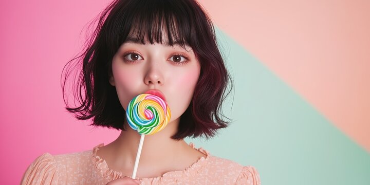 Asian woman with colorful lollipop on pastel background