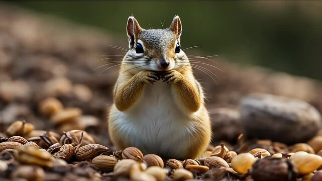 chipmunk cheeks full nuts seeds animal closeup video natural sitting brown fur paw fluffy cute small funny eat habitat adorable outdoors friendly wild nature food chewing nut rodent wildlife cheek