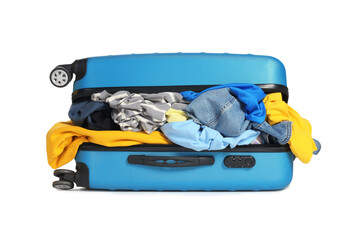 Packed suitcase full of clothes isolated on white