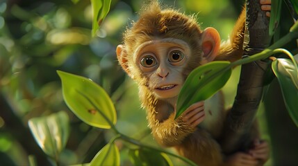 A baby monkey hanging from a vine in the jungle, with vivid greens and clear facial features.