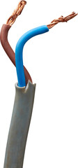 close-up of copper two core electrical cable with color coded live and neutral wires with gray...