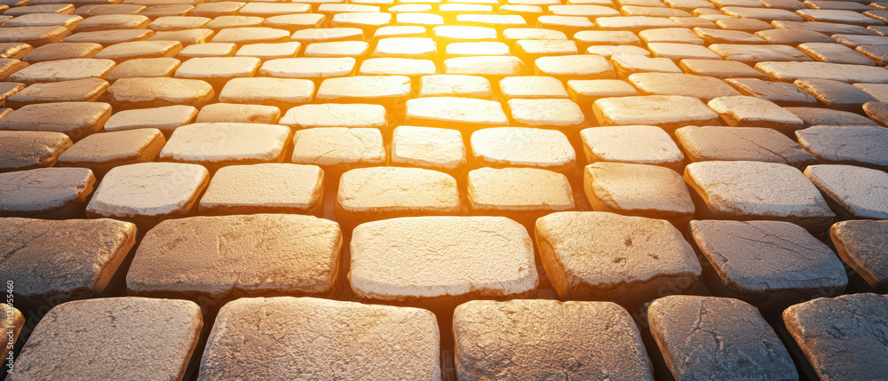 Poster cobblestone pavement with weathered stones illuminated by sunlight creates warm and inviting atmosph