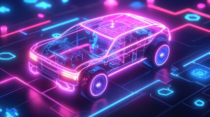 Futuristic electric car design with neon lights and digital elements.