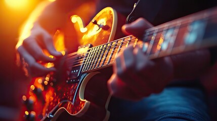 Fototapeta premium A hand strums an acoustic guitar under the warm glow of bright sunlight, creating a serene and musical atmosphere