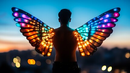 A person wearing holographic wings that glow in different colors 
