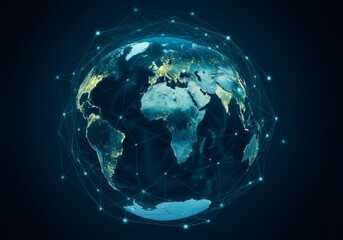 Global blue glow network connections lines over the globe, with center light and a gradient deep blue background.

