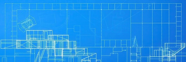 Fototapeta premium Blueprint photo effect with white lines on a blue background, resembling a technical drawing, white lines, technical drawing