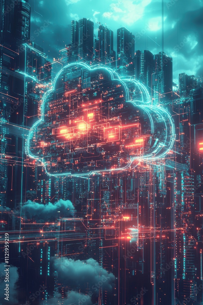 Poster intricate digital cloud concept with glowing elements for modern secure storage design