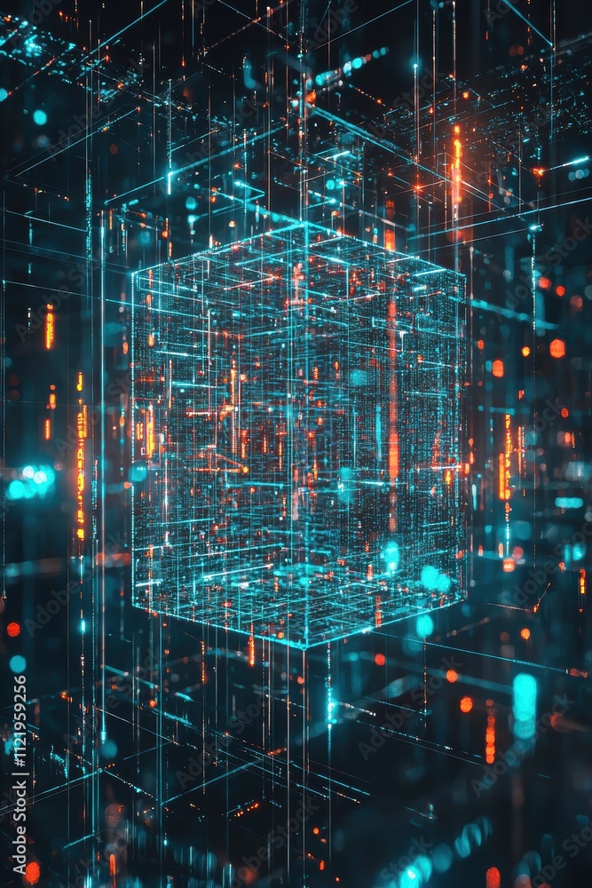 Poster digital encryption: a glowing cube of high-tech security concept for cyber protection design