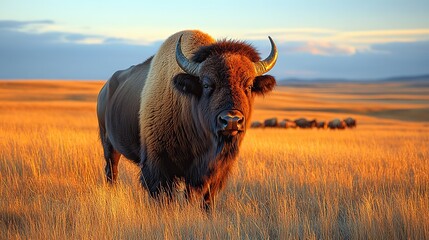 Obraz premium A herd of majestic buffalo roams freely across the vast plains, symbolizing the wild spirit of the American West