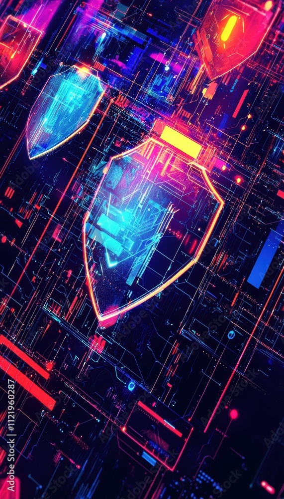 Poster futuristic digital shields representing privacy and user data protection