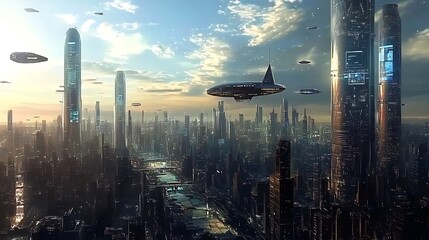 Naklejka premium A sci-fi city skyline with holographic billboards and futuristic airships flying by