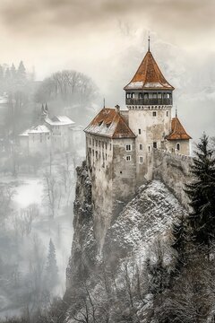 Castle on a cliff surrounded by fog and snow, creating a mystical winter landscape