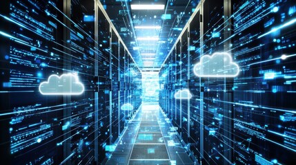Modern Data Center with Secure Cloud Storage and Digital Connectivity in a Tech Environment