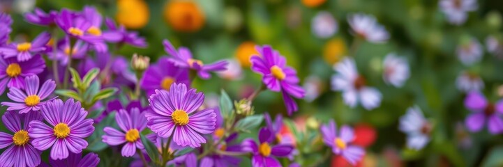 Fototapeta premium Close-up shot of delicate purple flower petals and leaves against a blurred green background, garden, plant, flower