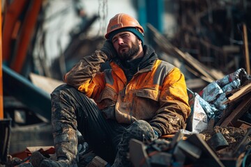A construction worker takes a moment of rest amidst debris and chaos. The scene reflects the hard work involved in construction. Safety gear is essential. Generative AI