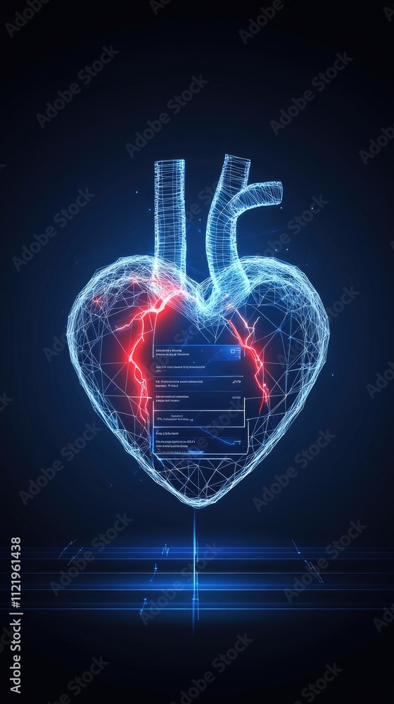 Poster abstract heart-beat line design in low-poly style on a blue background features a heart-shaped evalu