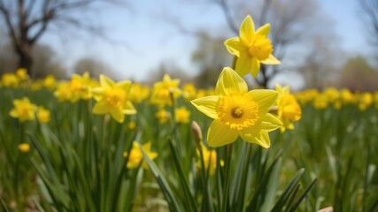 Obraz premium Field of bright yellow daffodil flowers blooming under the clear blue sky, rural, fresh, blossom