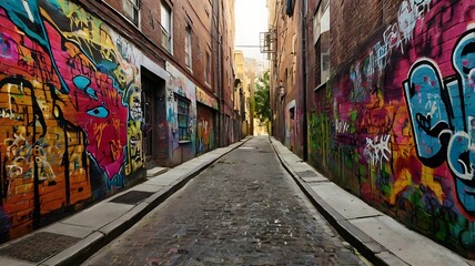 Fototapeta premium Vibrant Graffiti Adorns A Cobblestone Alleyway Between Brick Buildings
