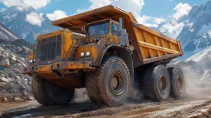 A large dump truck carrying coal or sand is shown on a dirt road, representing open-pit mining transport